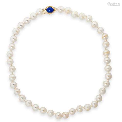 A pearl, lapis lazuli and fourteen karat gold necklace