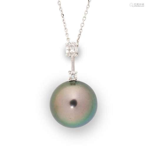 A Tahitian black South Sea pearl, diamond and fourteen karat...