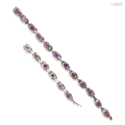 An amethyst and silver bracelet and necklace suite