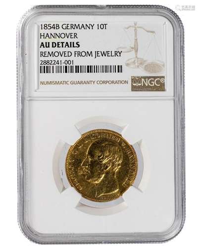 10 Thaler gold 1854B Hannover (German, KM # 266) NGC AU deta...