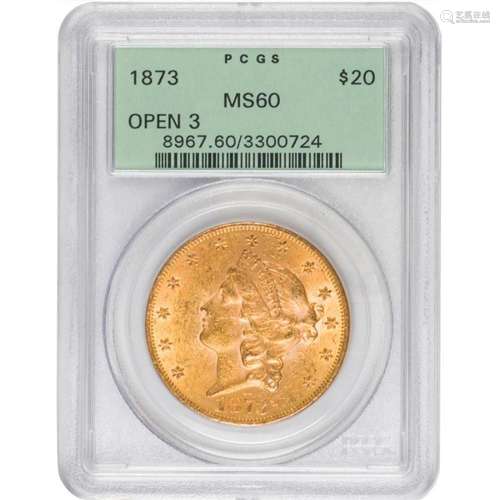 1879 Open 3 $20 gold coin, PCGS, MS60