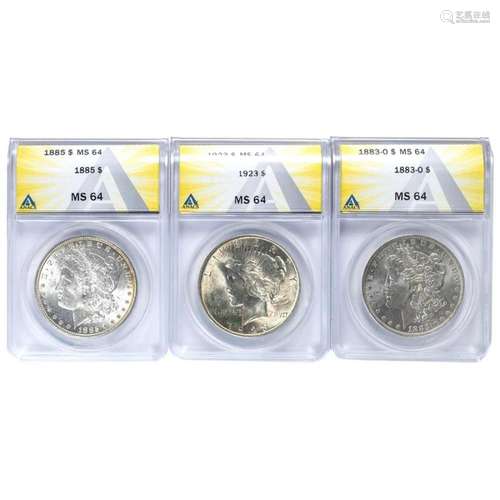 (lot of 3) Morgan/ Peace Silver dollars, all ANACS MS64, 188...