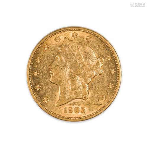 1905 $20 Gold Liberty Double Eagle coin, XF