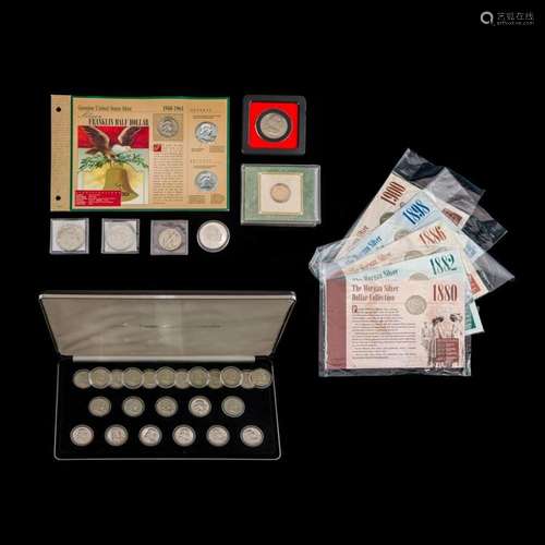 A collection of mostly silver coins including: 5 Morgan doll...