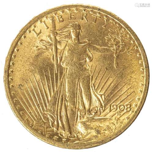 1908 $20 Gold  Double Eagle  St Gaudens, No motto, Bu/CHBu