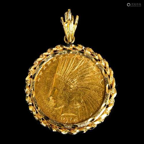 1914 US $10 Gold Coin in a 14k gold bezel pendant mount, tot...