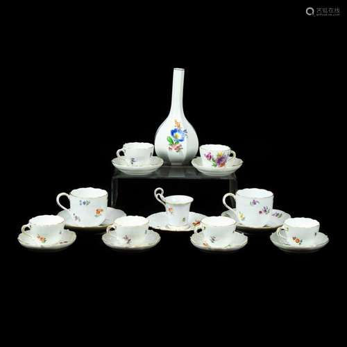 (Lot of 19) Meissen porcelain cups, saucers and vase, 20th c...