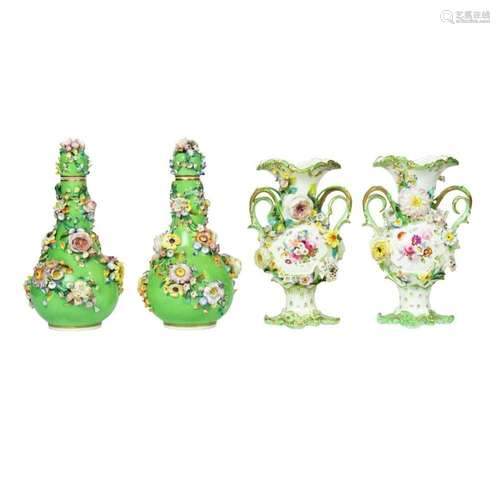 (Lot of 4) English floral encrusted porcelain bottles and va...