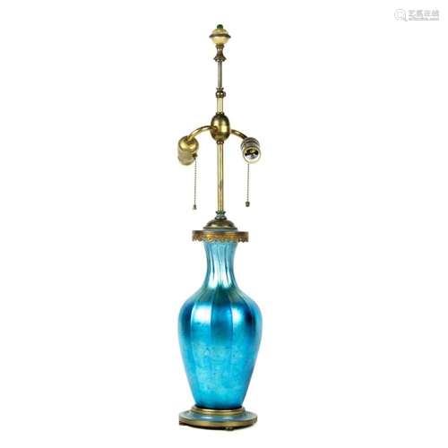 An American blue aurene glass vase mounted as table lamp