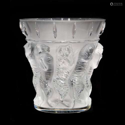 A Lalique glass clear and frosted glass Tigers vase