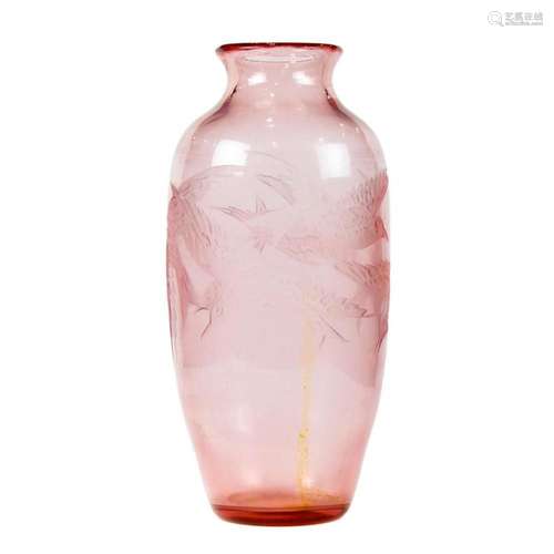 An Art Deco engraved pink glass vase in the manner of Legras