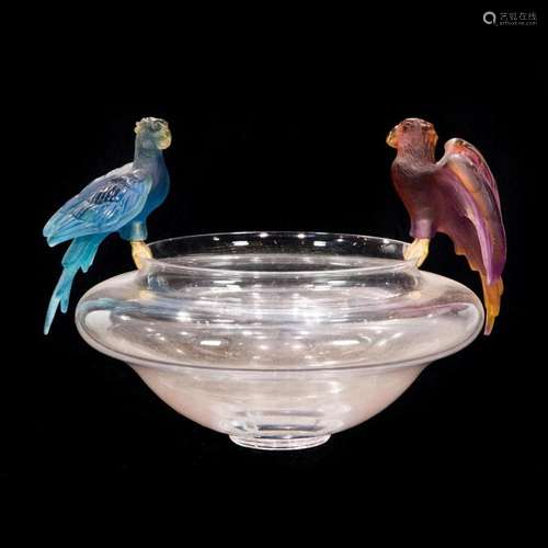 A Daum pate de verre, clear glass and bronze parrot center b...