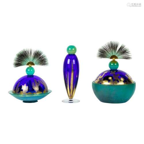 (Lot of 3) Daum pate de verre, gilt and cobalt glass dresser...