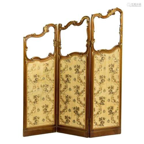 A French three-panel partial gilt and fabric dressing screen...