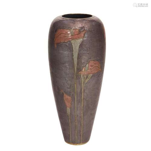 An Arts & Crafts style enameled brass vase