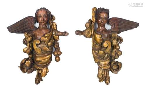 A pair of Continental Baroque polychrome and parcel gilt fig...