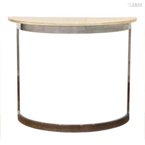 A chrome demi-lune console table