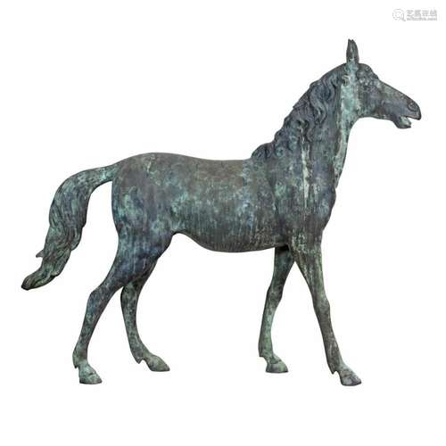 A patinated metal sculpture depicting a stallion