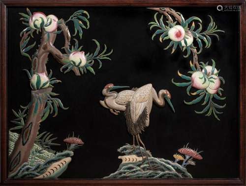 Chinese cloisonne enamel and black lacquer  nine peach  pane...