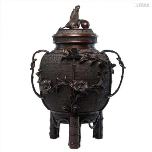 Japanese patinated bronze lidded urn