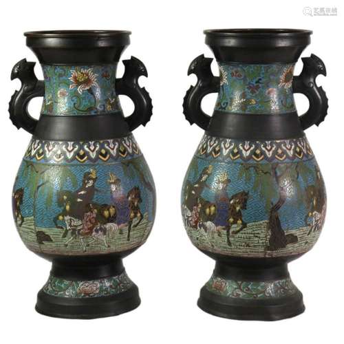 Pair of Japanese champleve enamel vases