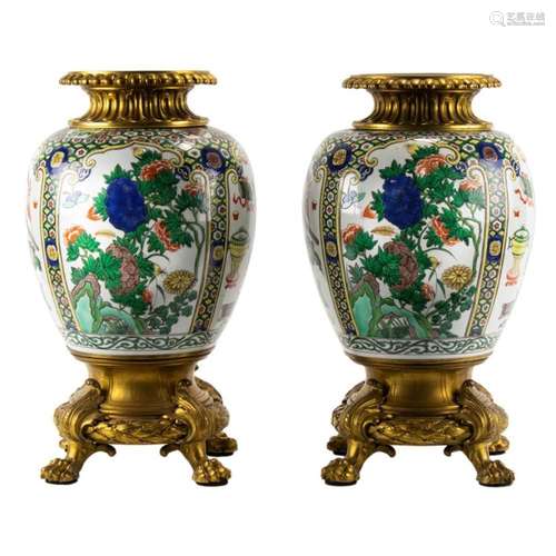 Pair of Chinese famille verte vases with ormolu mounts