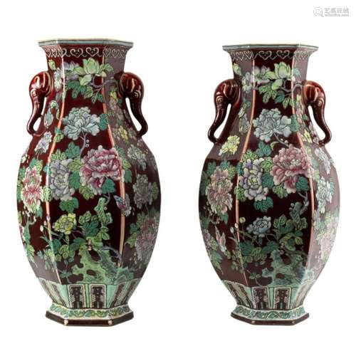 Pair of Chinese famille rose red-ground hexagonal vase