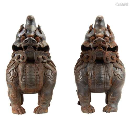 Pair of Chinese cast iron mythical beast censers