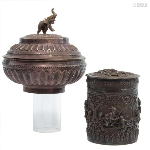 (lot of 2) Thai repousse silver lidded containers