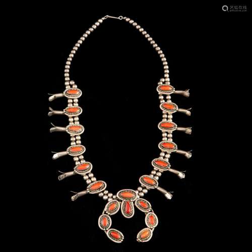 Vintage coral inlaid squash blossom necklace fitted with a h...