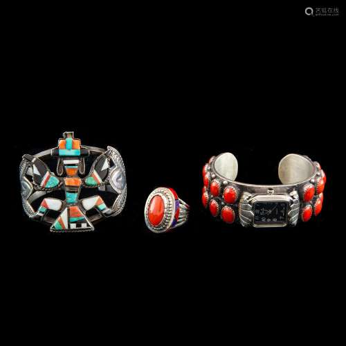 (Lot of 3) Southwest coral or turquoise inlaid silver jewelr...