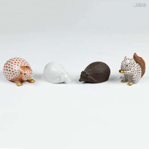 (Lot of 4) Two Meissen hedgehogs and two Herend porcelain an...