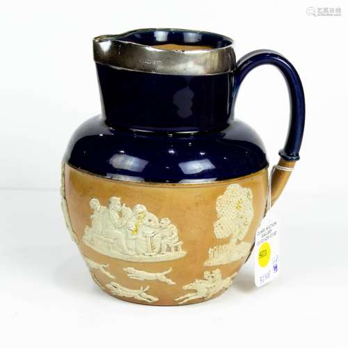 Doulton Lambeth sterling mounted pottery pitcher