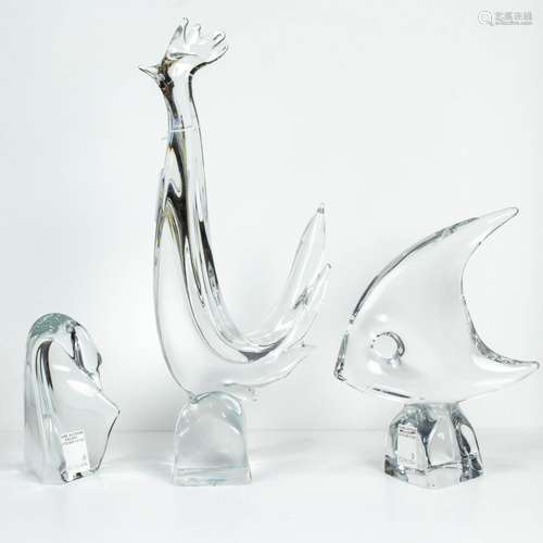 (Lot of 3) Daum large clear glass animals