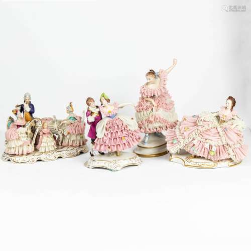 (Lot of 4) Dresden porcelain crinoline figural groups