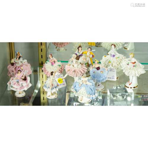 (Lot of 10) Dresden porcelain crinoline figures of dancers