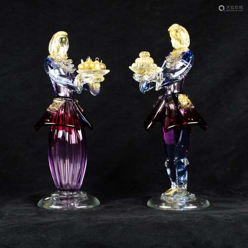 Pair of Murano gold flecked colored glass figures