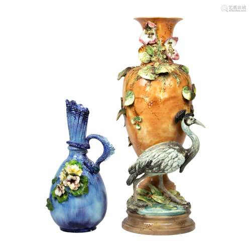 (lot of 2) Continental majolica floral vases