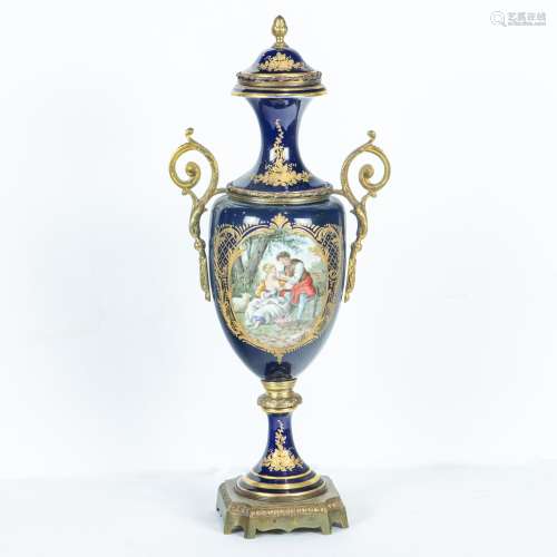 Sevres style porcelain gilt brass mounted covered urn