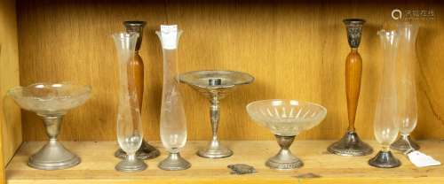 One shelf of compotes and vases having sterling weighted bas...