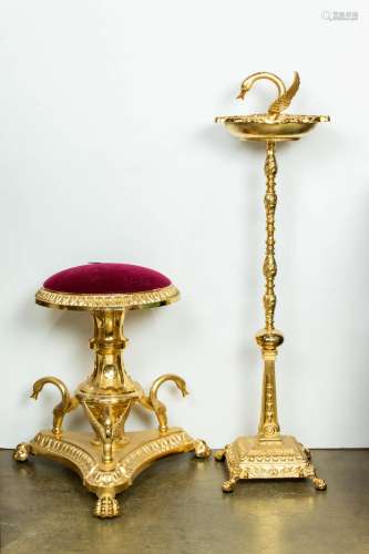 (lot of 2) A gilt metal tripod swan stool