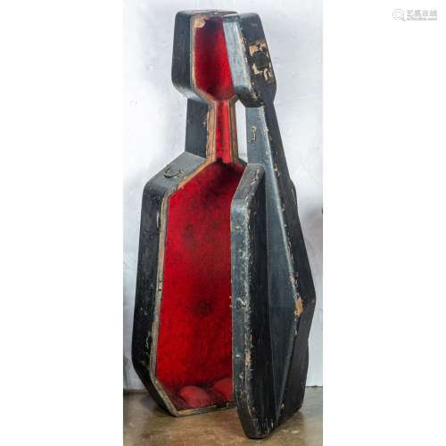 Vintage cello case made of black painted wood with red fabri...
