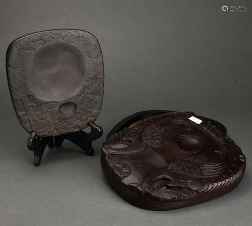 Chinese inkstone and carved hardwood container