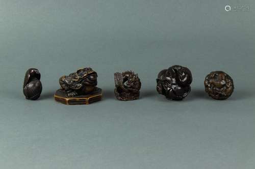 (lot of 5) Japanese carved wood animals