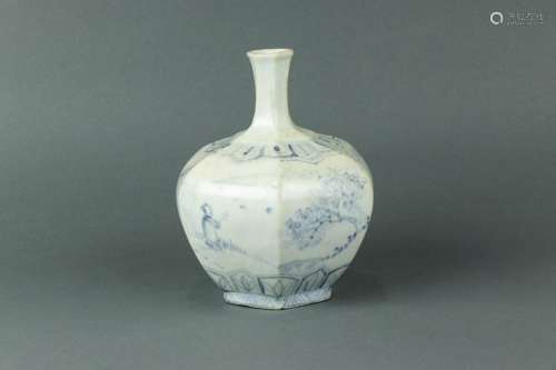 Korean blue and white hexagonal vase