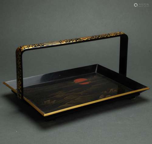 Japanese black and gilt lacquered handled tray