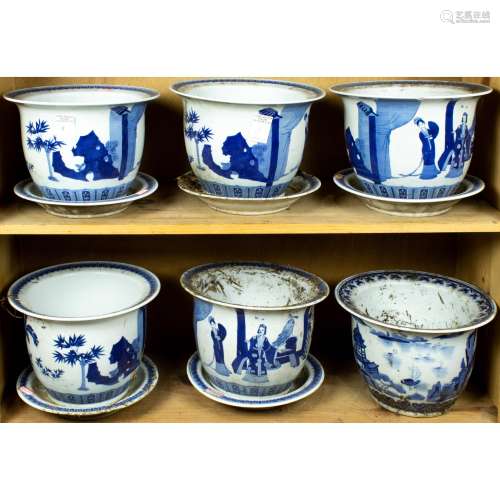 (lot of 6) Chinese blue and white jardinieres