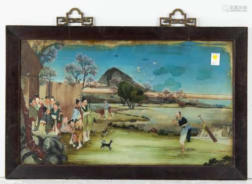 Chinese reverse-glass painting of a joyful village scene