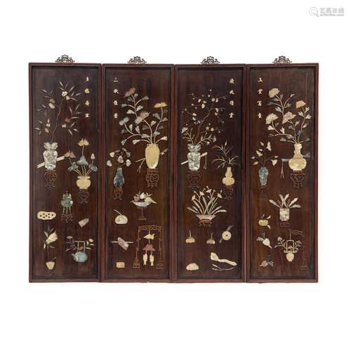 Set of four Chinese wall panels with hardstone inlaid