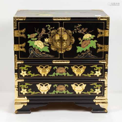 Chinese lacquer decorated chest with brass fittings